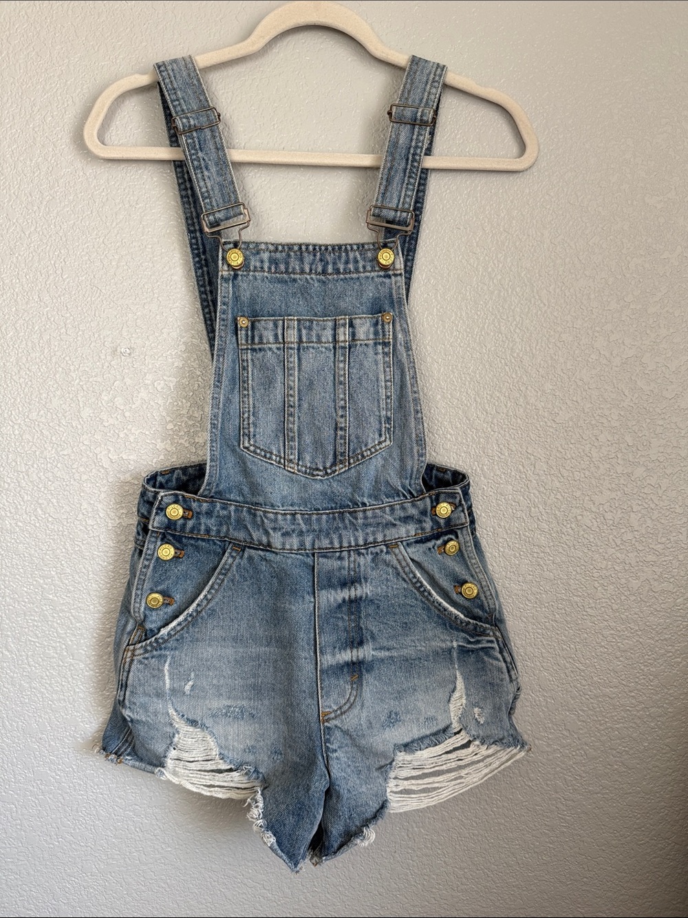 Anthropologie Light Blue Distressed Denim Short Overalls
